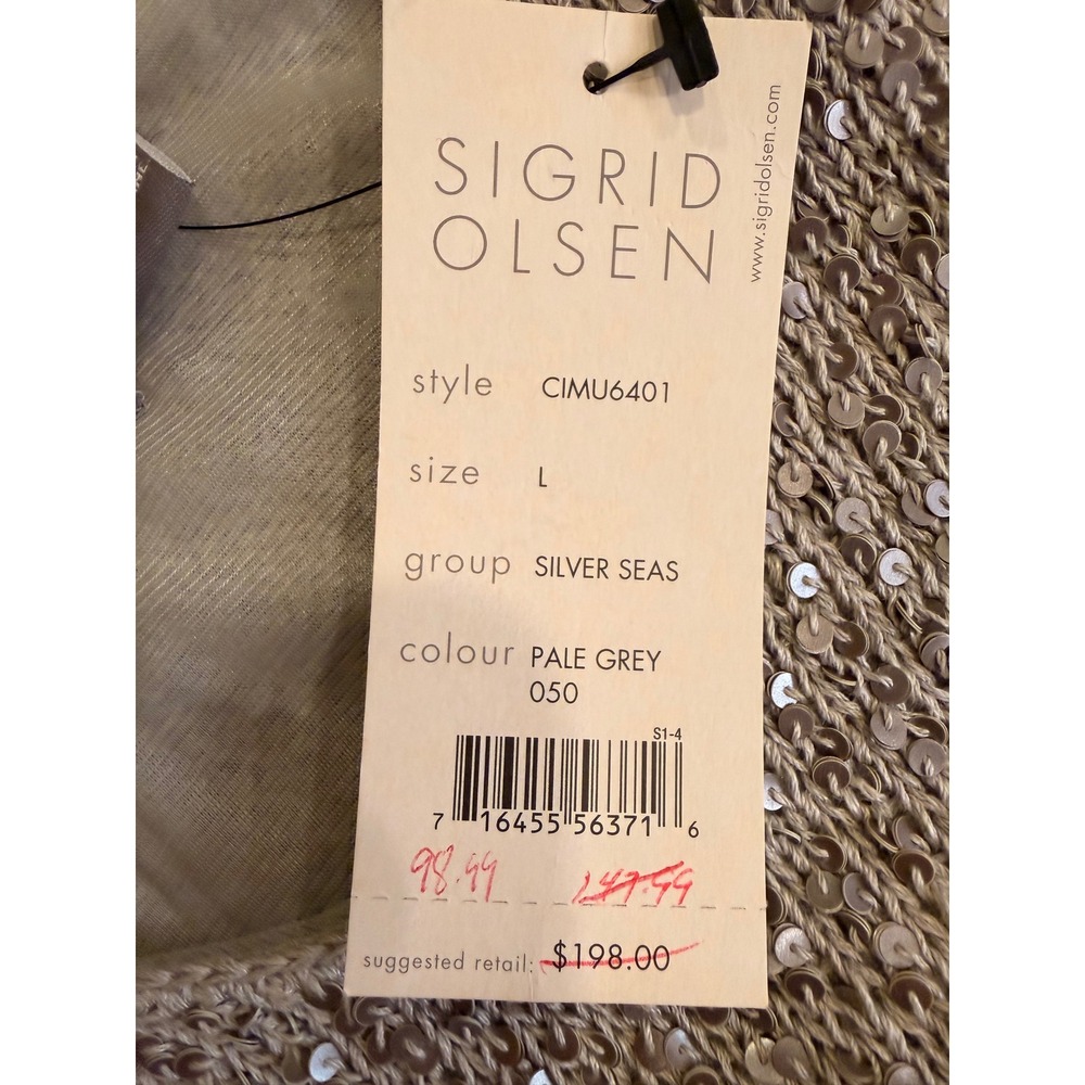 Sigrid Olsen Womens Sequin Linen Blend Sweater Pale Grey Large NWT Hand Knitted - Picture 7 of 9